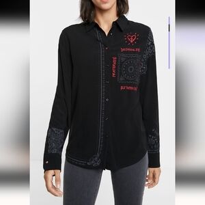 Desigual women's embroidery black button down shirt size M